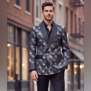 Hartter Manly Custom Made Black/Blue/Gray Jacquard Double Breasted Blazer, L